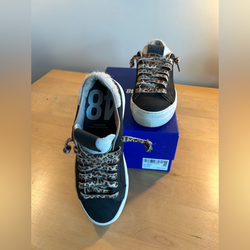 P448 Black Sneakers with Leopard Accents